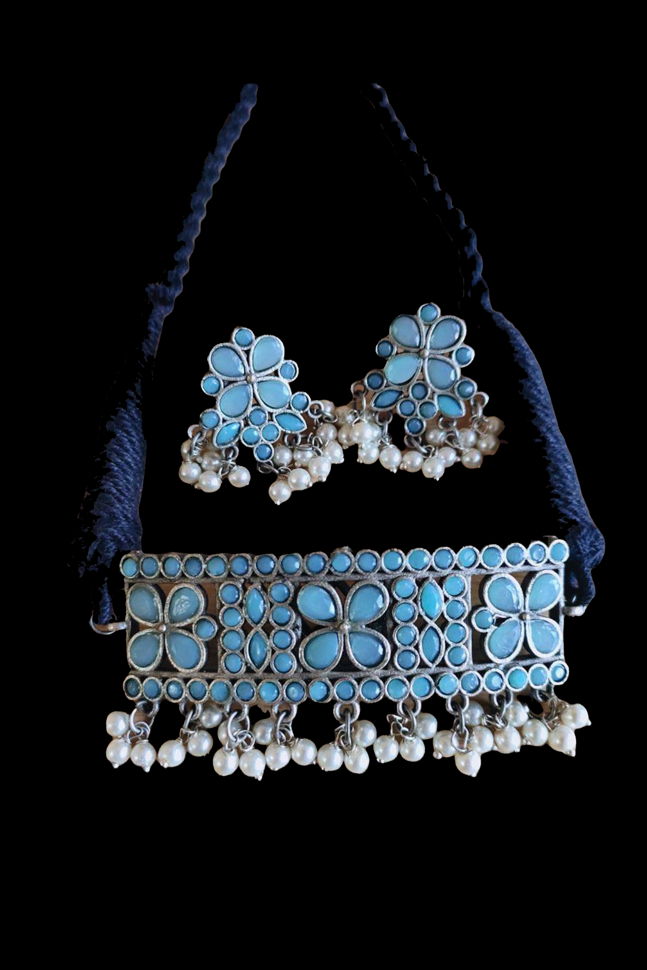 Choker Set Acqa Blue CZ Stone WithPearls SR115AB