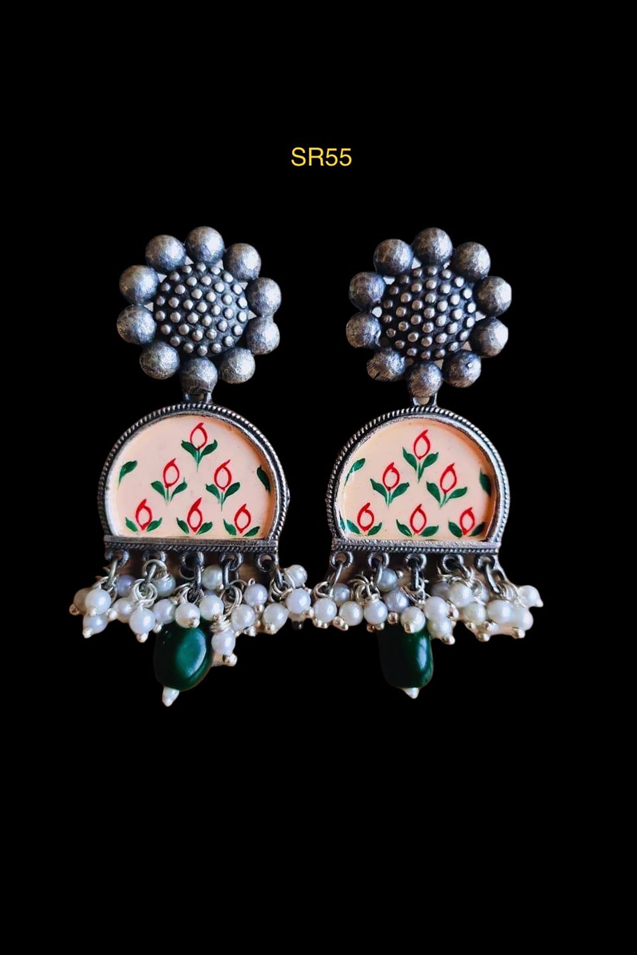 Hand Painted Earring With Pearl Drops Peach SR55P