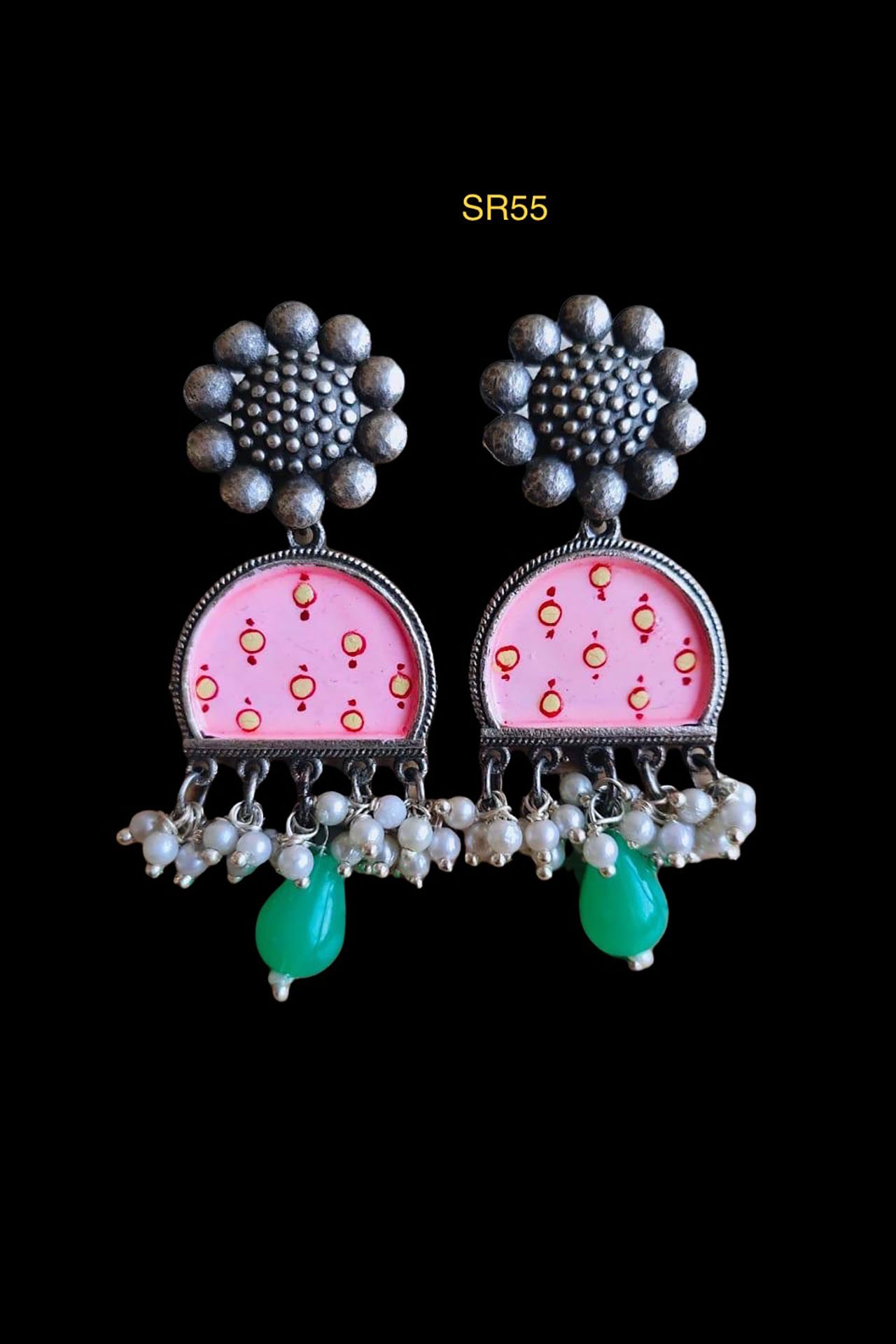 Hand Painted Earring With Pearl Drops Pink SR55PI