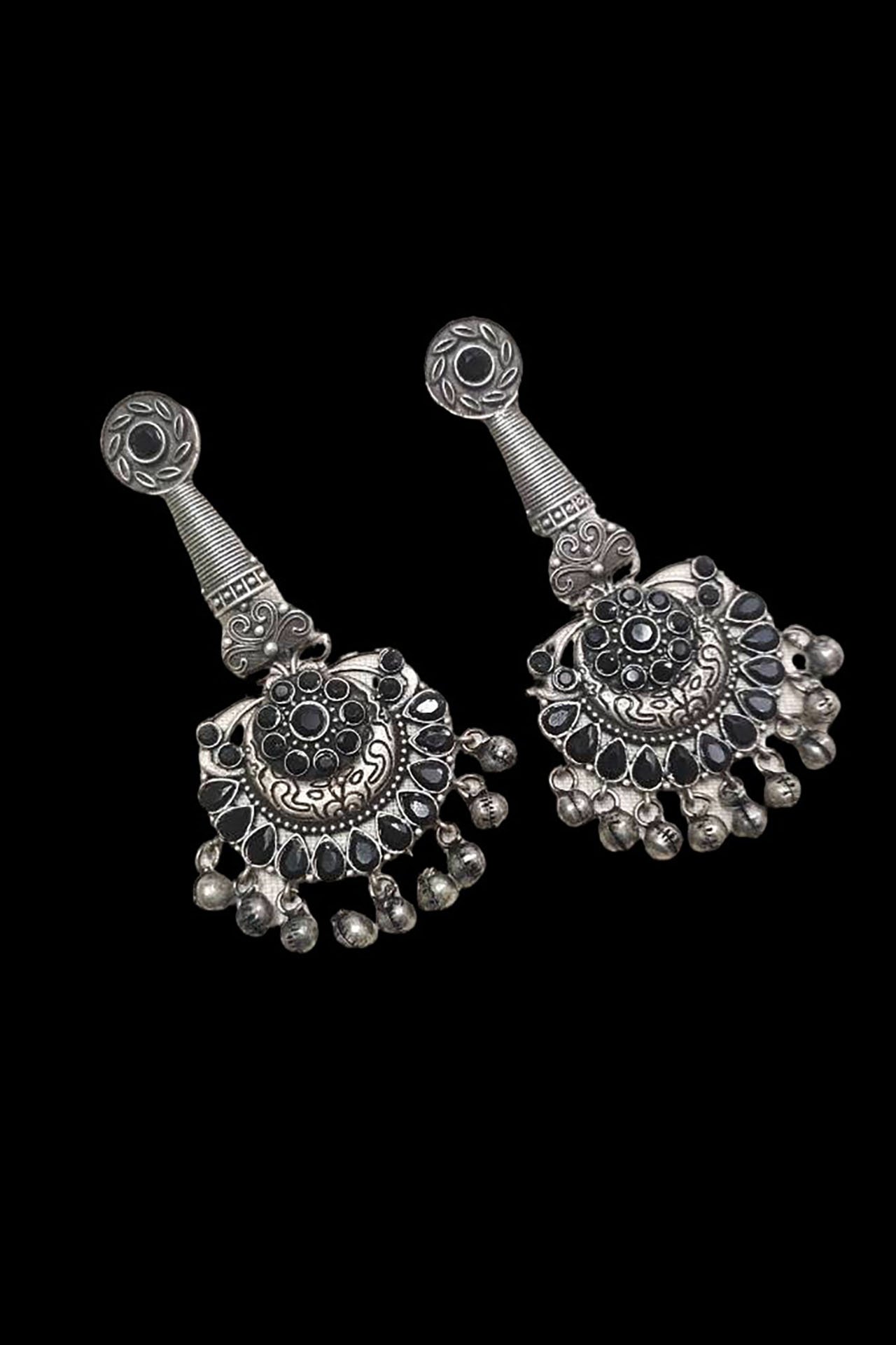 Long Earring Round Black Stone SRLR240B