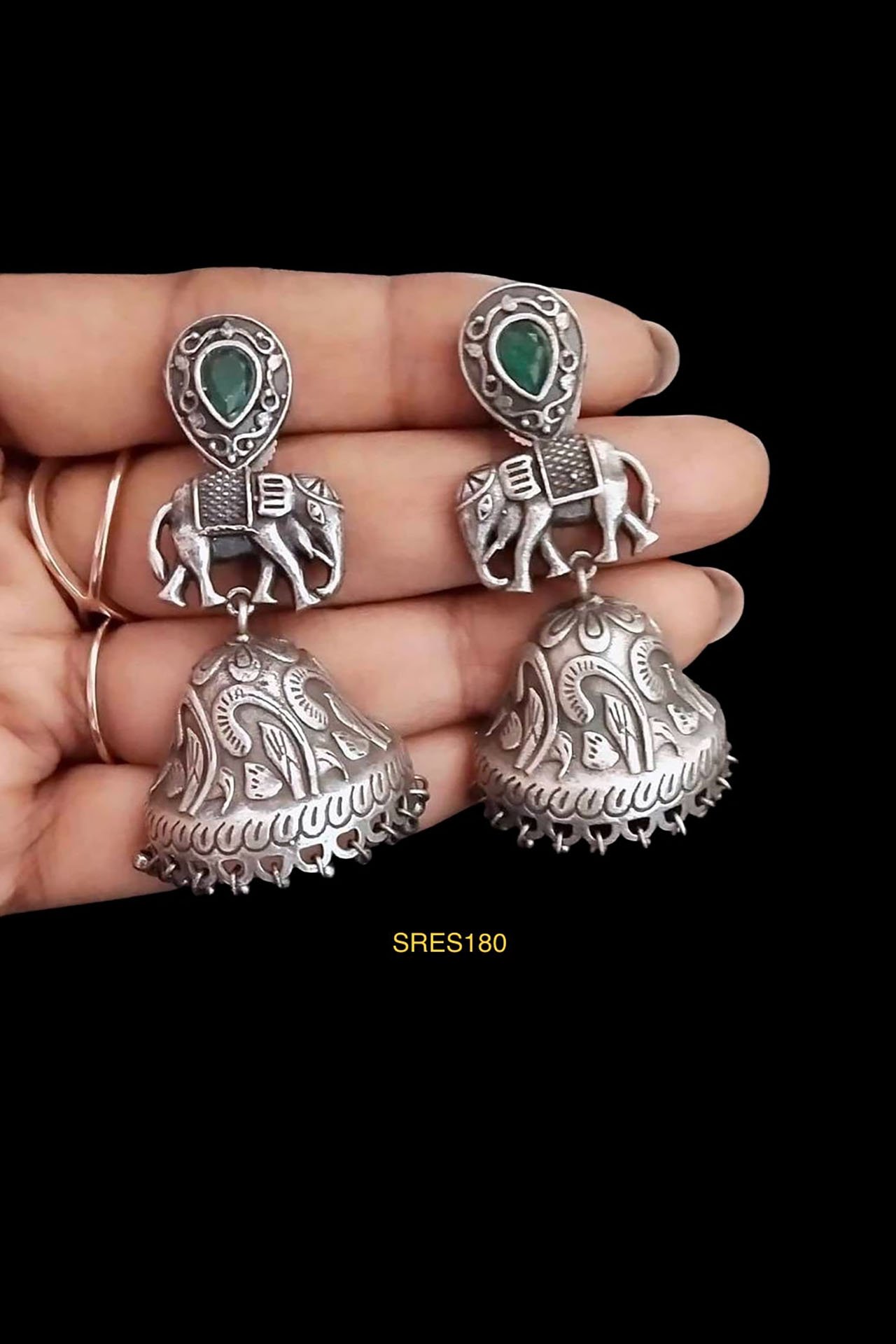 Round Jumkha Earring With Elephant Shape GreenSRES180G